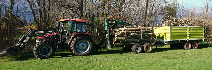 Traktor med skogavagn och tippvagn